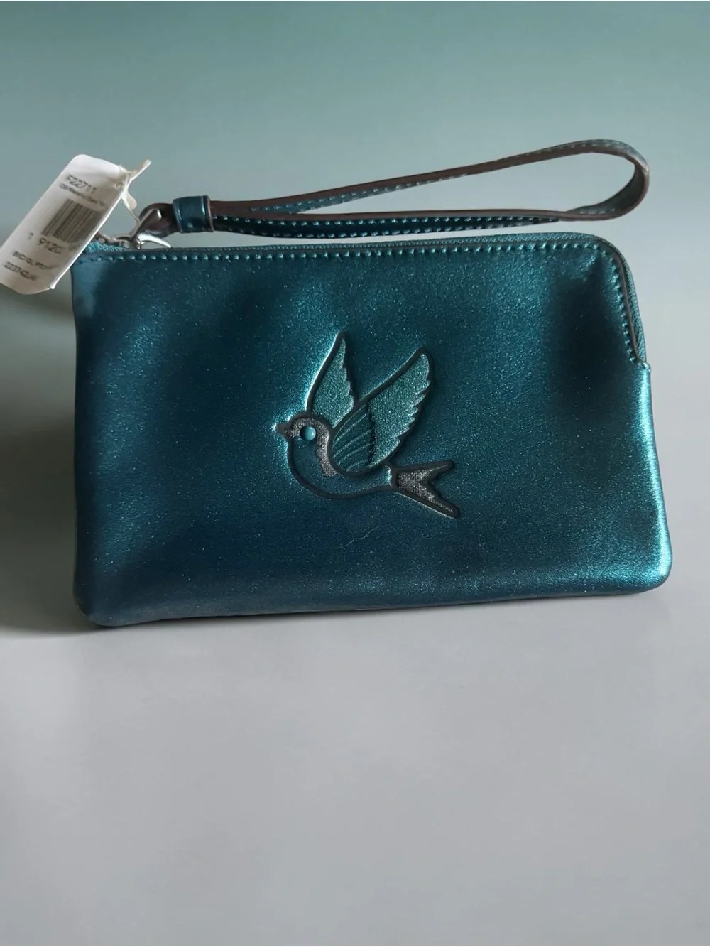Coach Metallic Dark Teal Leather Glitter Sparrow Bird Zip Wristlet RARE NWT